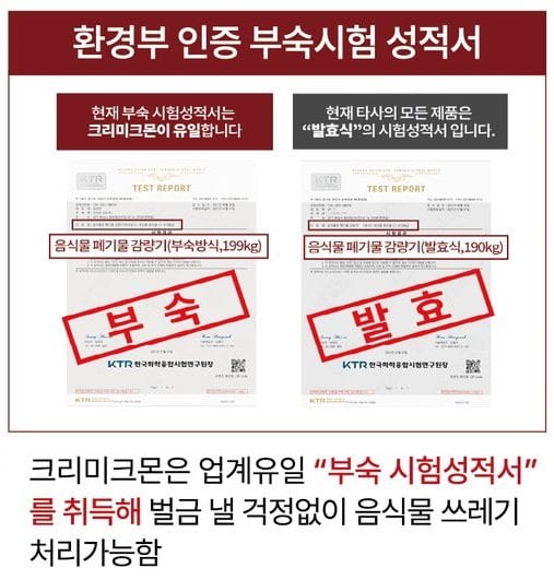환경부 인증 부숙시험 성적서 2장 — 크리미크몬 부숙 / 타사 발효