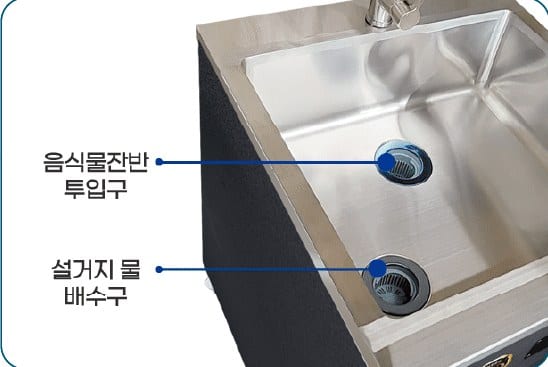 LF 싱크대 상판 확대 — 위쪽은 음식물 잔반 투입구, 아래쪽은 설거지 물 배수구