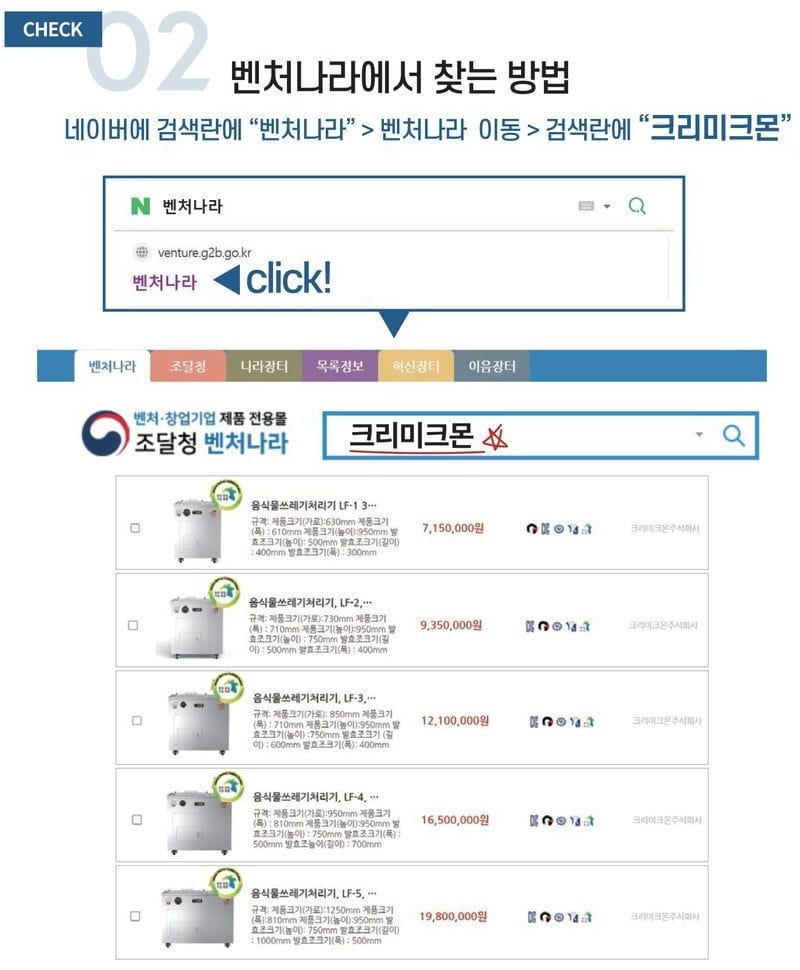 CHECK 02 벤처나라에서 찾는 방법 — 네이버 검색란에 벤처나라 > 벤처나라 이동 > 검색란에 크리미크몬